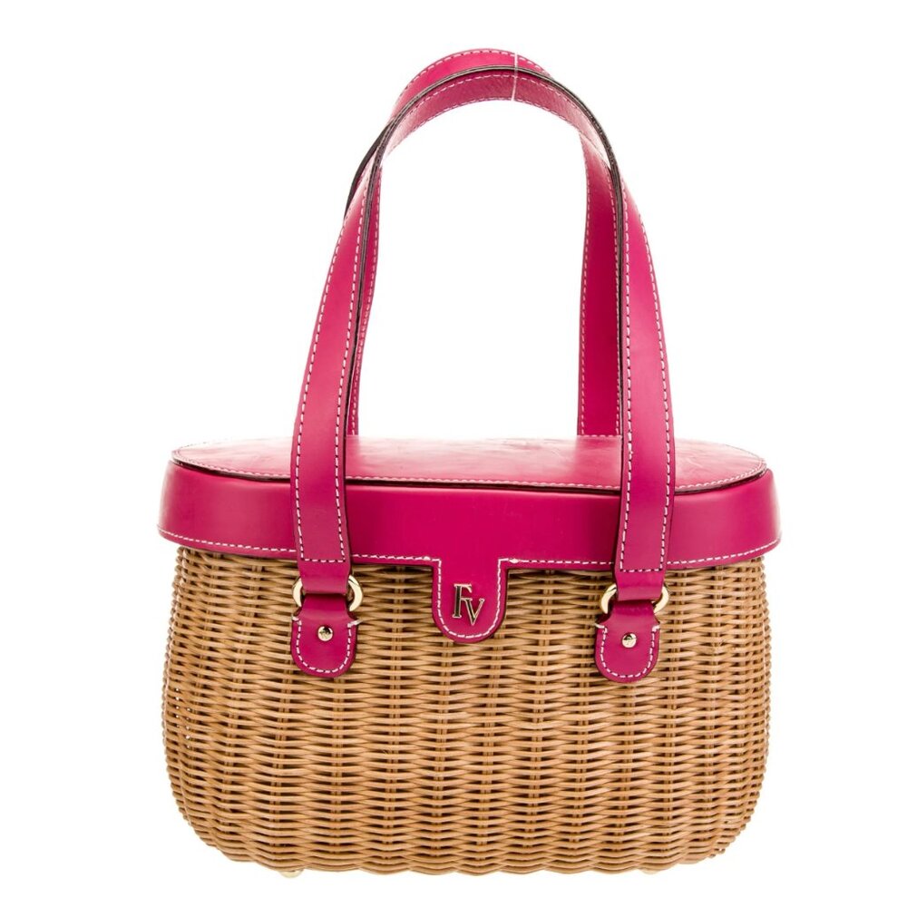 NWT Frances Valentine  Arielle Wicker Basket Bag Pink Vachetta Leather -